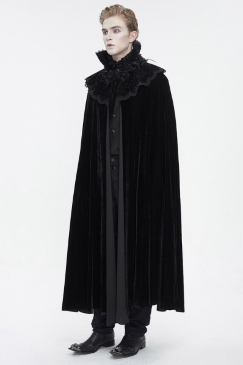Black Gothic Vampire Lace Trimmed Velvet Long Cape for Men –  Blackwidowlondon, image size:1000x1500