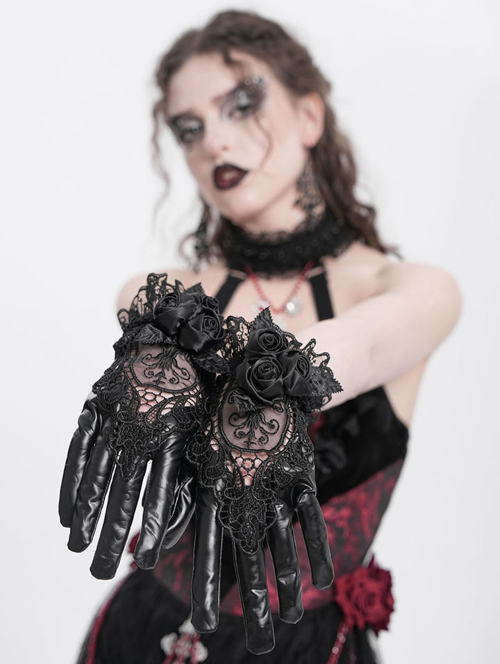 Black Gothic Retro Ruffled Lace Faux Leather Gloves for Women – Blackwidowlondon