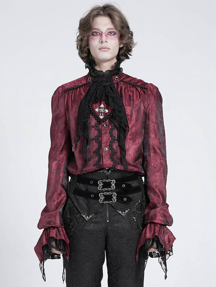 Red Retro Gothic Victorian Vampire Ruffle Long Sleeve Shirt for