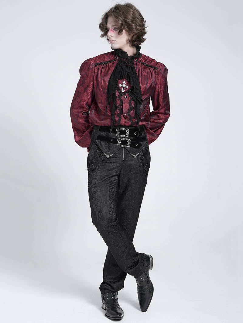 Red Retro Gothic Victorian Vampire Ruffle Long Sleeve Shirt for
