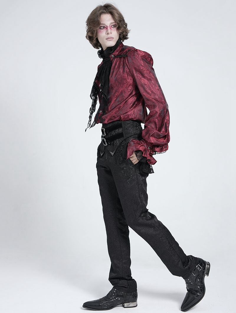 Red Retro Gothic Victorian Vampire Ruffle Long Sleeve Shirt for Men ...