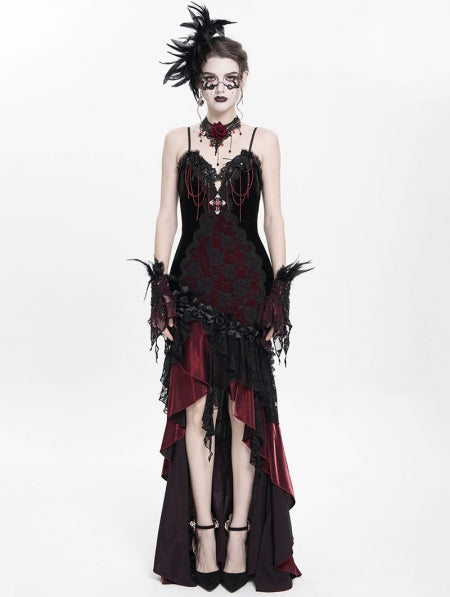Red Gothic Embroidered Irregular Ruffled Velvet High-Low Dress Blackwidowlondon Red Gothic Embroidered Irregular Ruffled Velvet High-Low Dress Blackwidowlondon